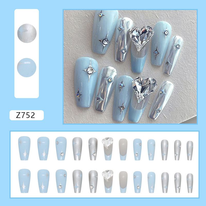 Light Blue and Chrome with Crystal Heart Design, Press on Nails