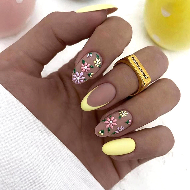 Spring Floral, Matte Yellow and Nude with Daisy Design, Almond Shape, Press-On Nails