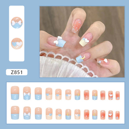 Square Press-On Nail Set – Pastel Blue & Yellow Hearts with 3D Bow | Glossy Reusable False Nails (Set of 12)