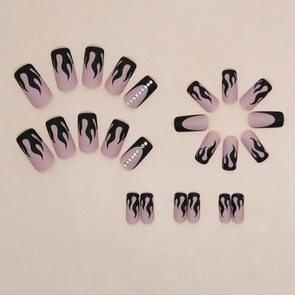 Black Flame Coffin Press-On Nails – Nude Matte Gothic Rhinestone Nail Set (Set of 12)
