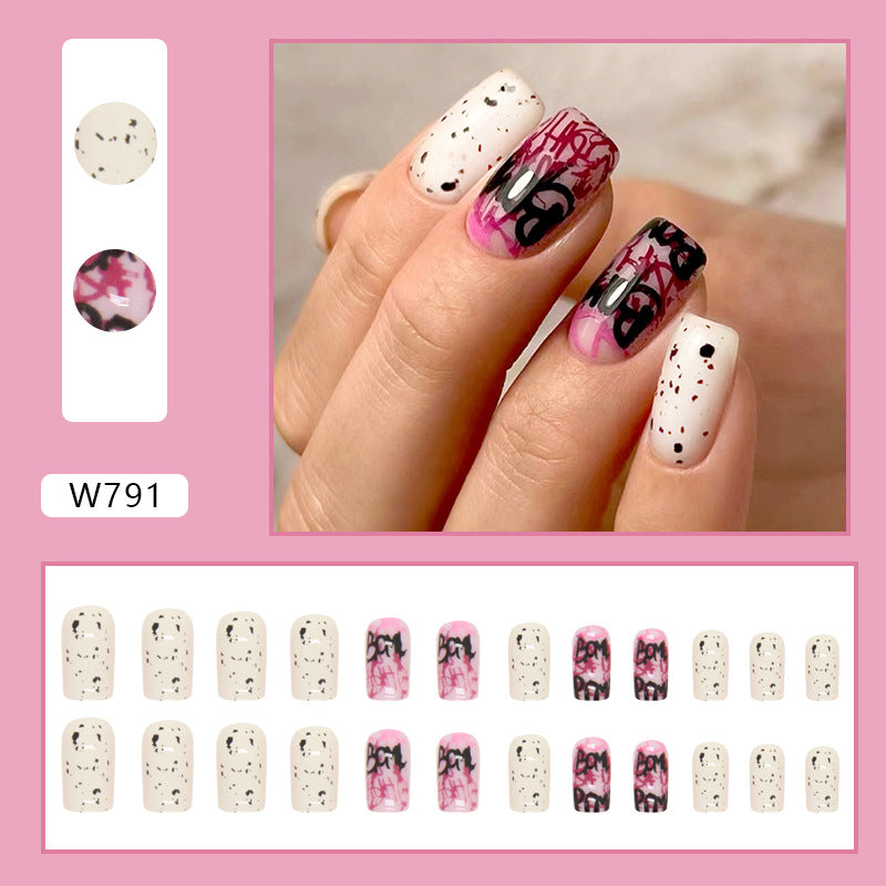 Trendy Nail Art Design Set, Pink and White Gradient with Black Letters, Speckled Pattern, Square Tips, Press on Nails