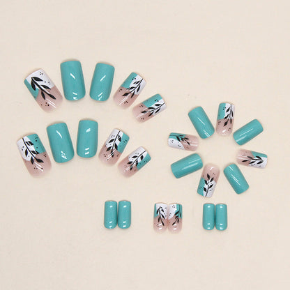 Square shape Press-On Nail Set – Teal Botanical Leaf Nails | Glossy Reusable False Nails (Set of 24)