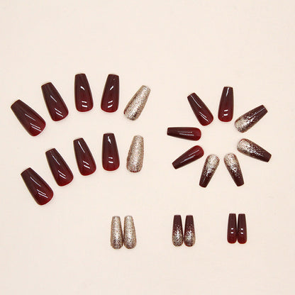 Burgundy Wine & Champagne Gold Square shape Glitter Press-On Nail Set | Glossy Reusable False Nails (Set of 24 Pieces)