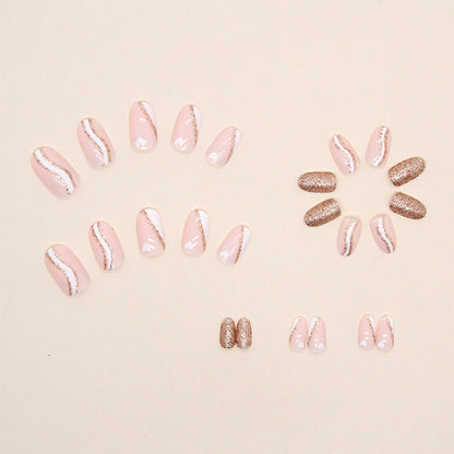 Almond Press-On Nail Set – White French Tips with Gold Glitter Swirl & Gold Glitter Accent | Glossy Reusable False Nails (Set of 24)