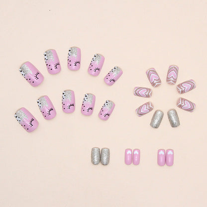 Long Square Press-On Nail Set – Pink Hearts with Gold Glitter Accent | Glossy Reusable False Nails (Set of 24 Pieces)