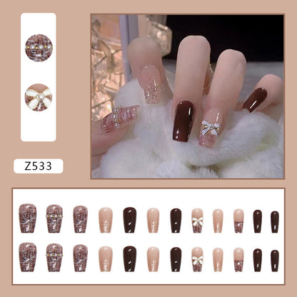 Chocolate Glam Coffin Press-On Nails – Brown Glitter Bow Accent Nail Set (Set of 12)