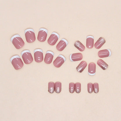 Short Square Press-On Nail Set – Classic French Tips with Rose Gold Glitter Accent | Glossy Reusable False Nails (Set of 24 Pieces)