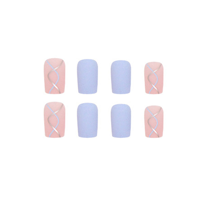 Matte Blue and Pink with White Line Pattern, 24 Pieces, Press on Nails