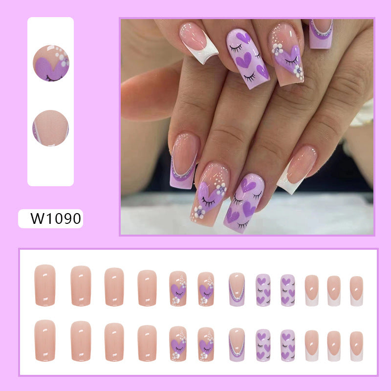 Valentine Hearts and Eyelashes Nail Art Design, French Tip Manicure Set, Purple and White, Press on Nails