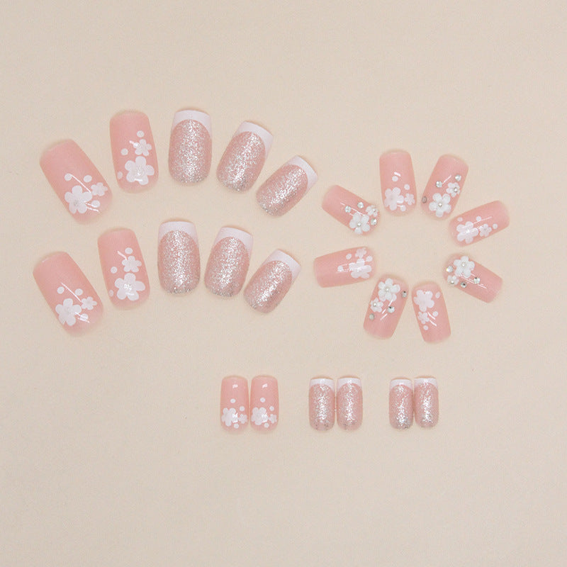 Blush Blossom French Tip Press-On Nails – Pink Floral Square Nail Set (Set of 12)