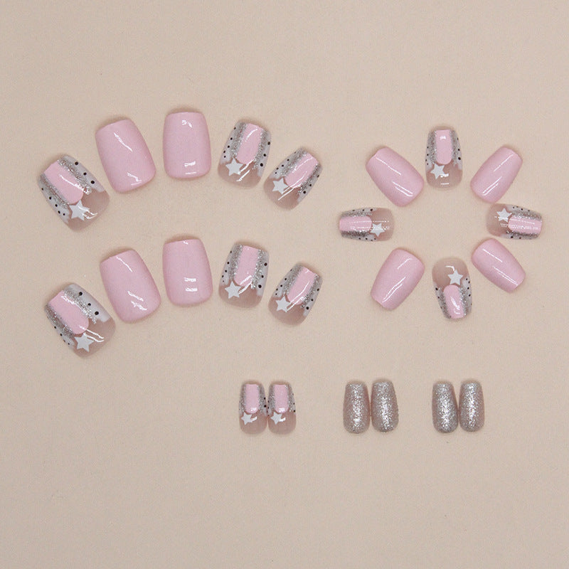 Star Pattern, Pink and Silver Glitter Design, Artificial Nail Art Set, Press-On Nails