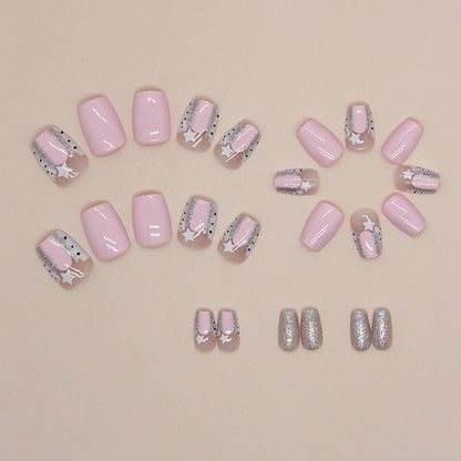 Pink Star Glitter Square Press-On Nails – Glossy Silver Sparkle Nail Set (Set of 24)