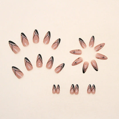 Almond Press-On Nail Set – Nude Black French Tips with Rose Gold Glitter Line Art | Glossy Reusable False Nails (Set of 24)
