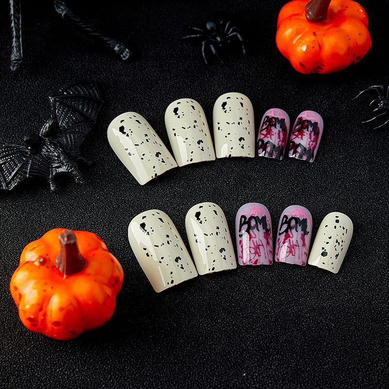 Trendy Nail Art Design Set, Pink and White Gradient with Black Letters, Speckled Pattern, Square Tips, Press on Nails