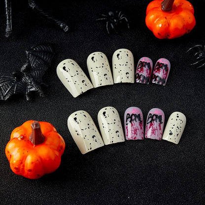 Square Press-On Nail Set – Graffiti Art & White Speckled Nails | Glossy Reusable False Nails(Set of 24 Pieces)