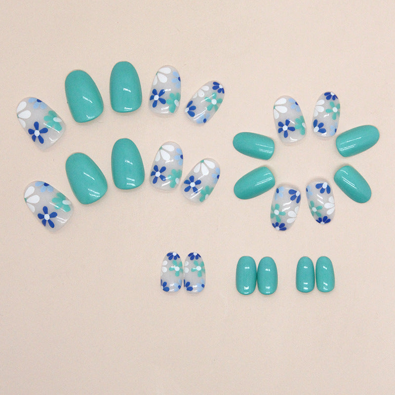 Turquoise and Floral Design, Blue and White Pattern, 24 Pieces, Artificial Press-On Nails