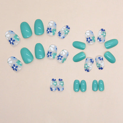 Turquoise Blue Floral Almond Press-On Nails – Glossy Daisy Spring Nail Set (Set of 24)