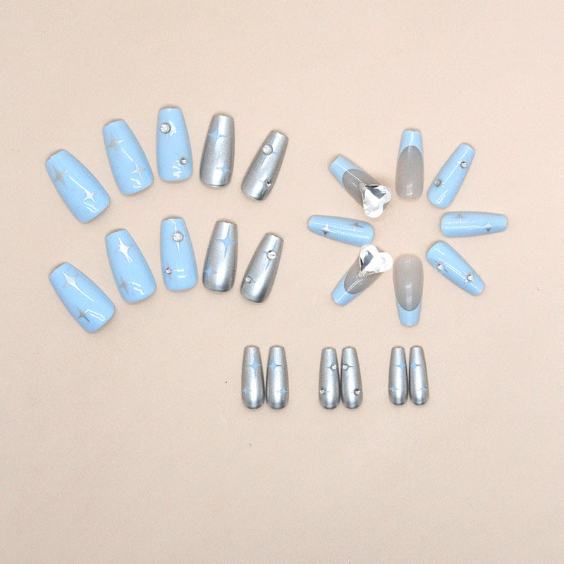 Light Blue and Chrome with Crystal Heart Design, Press on Nails
