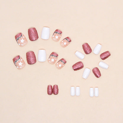 Square Press-On Nail Set – White & Rose Gold Glitter Star Design | Glossy Reusable False Nails (Set of 24)
