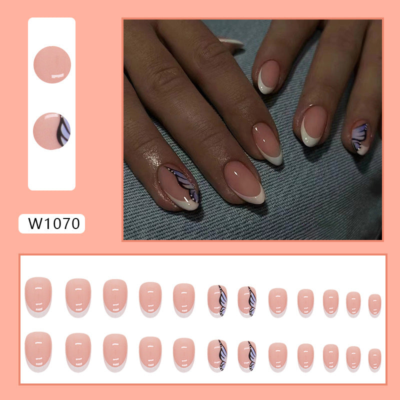 French Manicure with Butterfly Design, Oval Shape, Nude and White, Press-On Nails