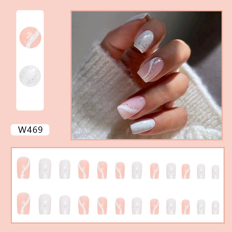 Glitter French Tips, Pink and White Ombre Design, Square Shape, Press on Nails