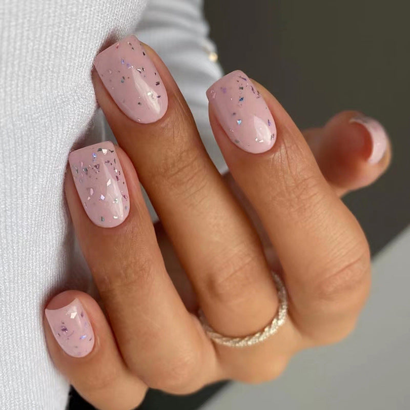 Light Pink with Holographic Glitter Flakes, Round Shape, Short Length, Press on Nails