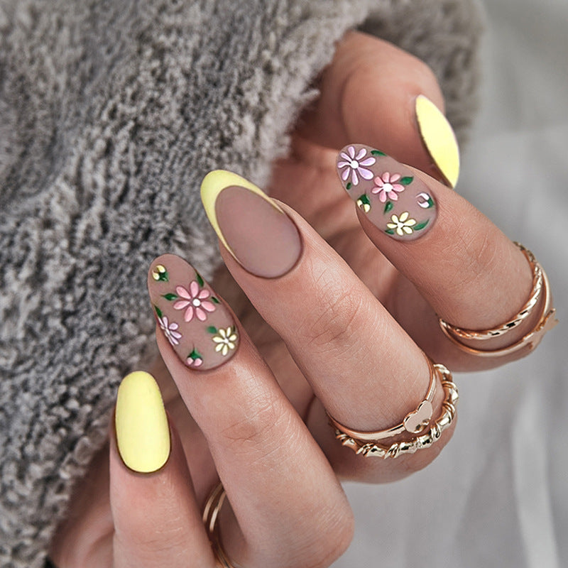 Spring Floral Nail Art Set, Almond Shape, Matte Finish, Yellow and Pink Design, Press on Nails