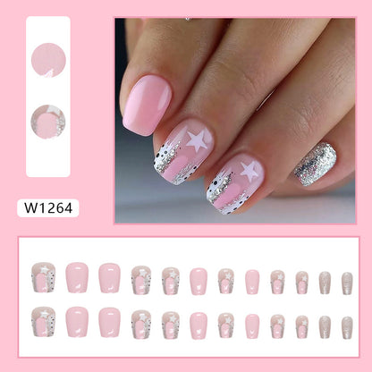 Pink Star Glitter Square Press-On Nails – Glossy Silver Sparkle Nail Set (Set of 24)