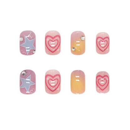 Short Square Press-On Nail Set – Pastel Purple Star & Floral Kawaii Nails | Glossy Reusable False Nails (Set of 12)