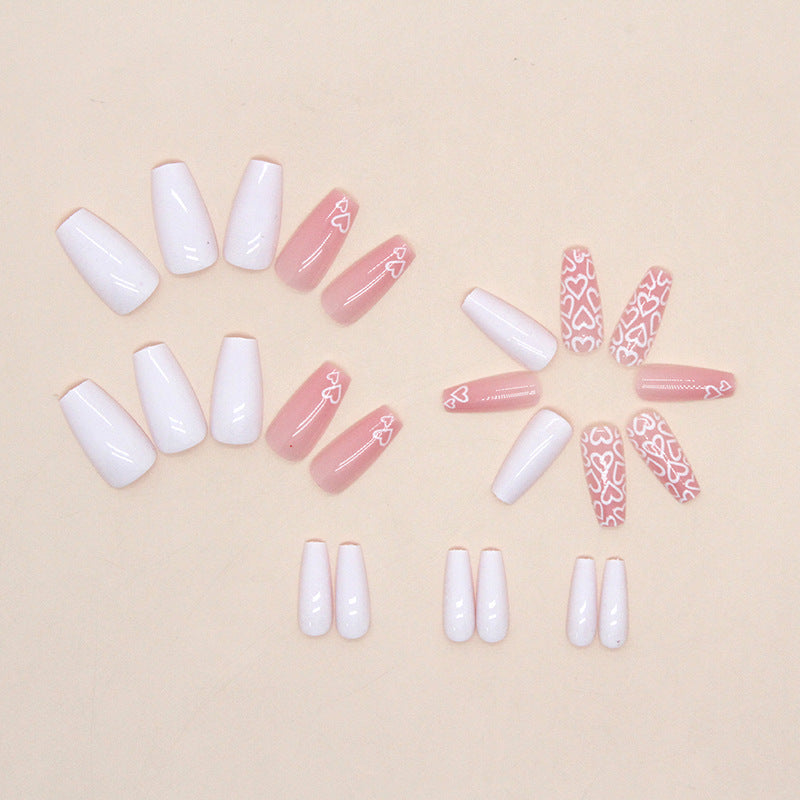 Long Coffin White with Heart Pattern Design Press on Nails