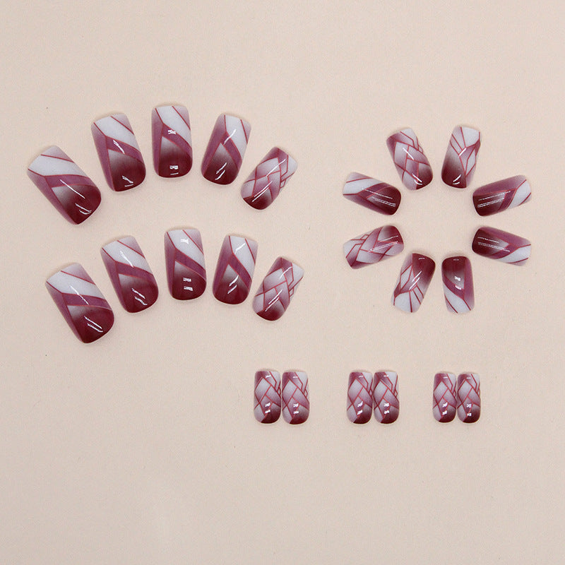 Geometric Nail Art Stickers, Burgundy Ombre Design, Self-Adhesive Nail Decals, Press on Nails