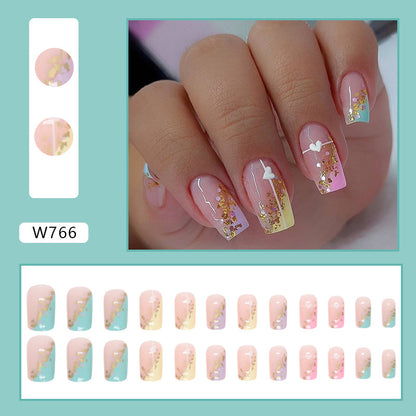 Square Press-On Nail Set – Pastel Pink Gradient with Gold Foil & Butterfly Accents | Glossy Reusable False Nails (Set of 24)