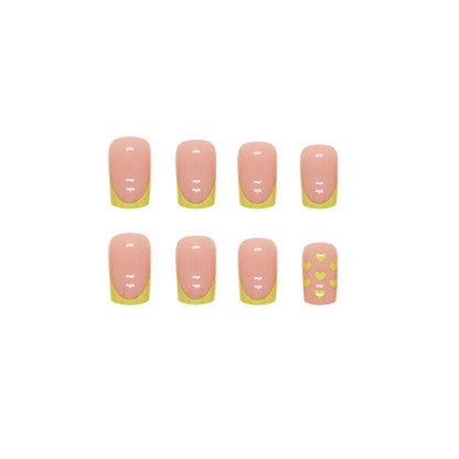 Neon Yellow French Tip Square Press-On Nails – Glossy Nude Summer Heart Nail Set (Set of 24)