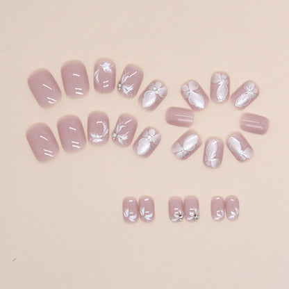Oval Press-On Nail Set – Blush Pink 3D Floral Nails with Rhinestone Accents | Glossy Reusable False Nails (Set of 12)