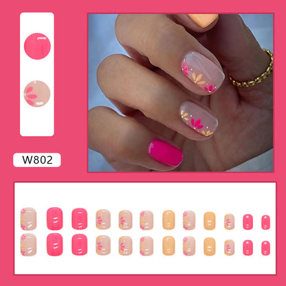 Short Square Press-On Nail Set – Hot Pink & Peach Floral Nails | Glossy Reusable False Nails (Set of 24 Pieces)