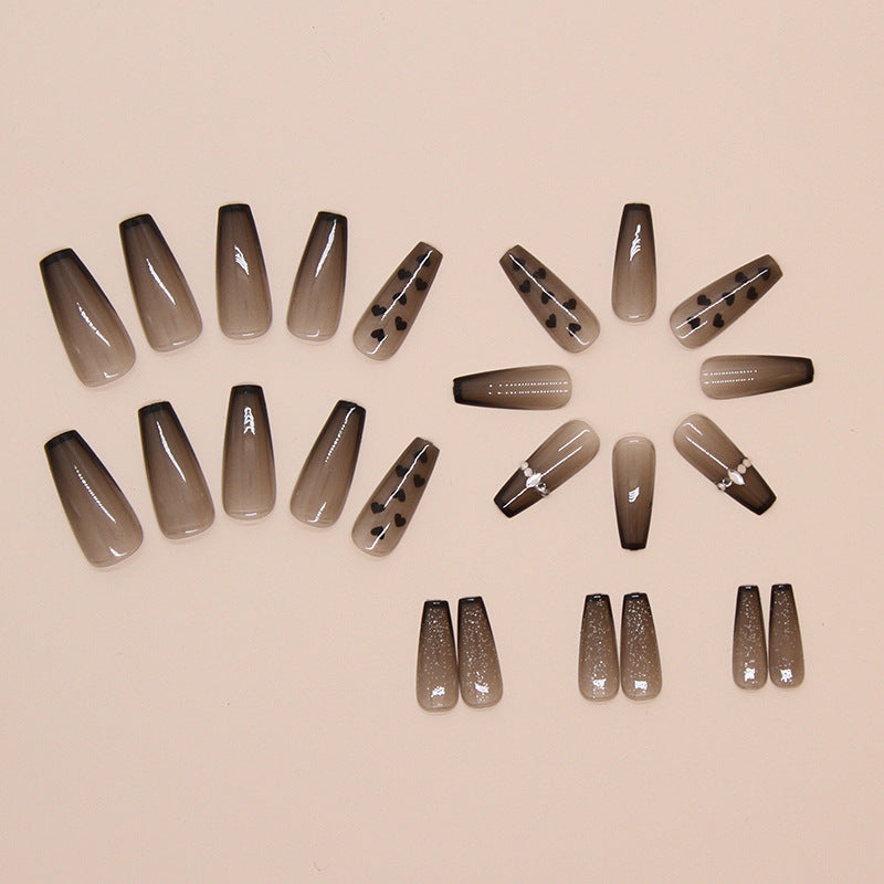 Grey Ombre with Black Hearts Design, Rhinestone Accent, Coffin Shape, Press on Nails