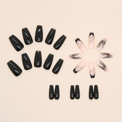 Long Coffin Press-On Nail Set – Black French Tips with Butterfly & Abstract Line Art | Glossy Reusable False Nails (Set of 24)