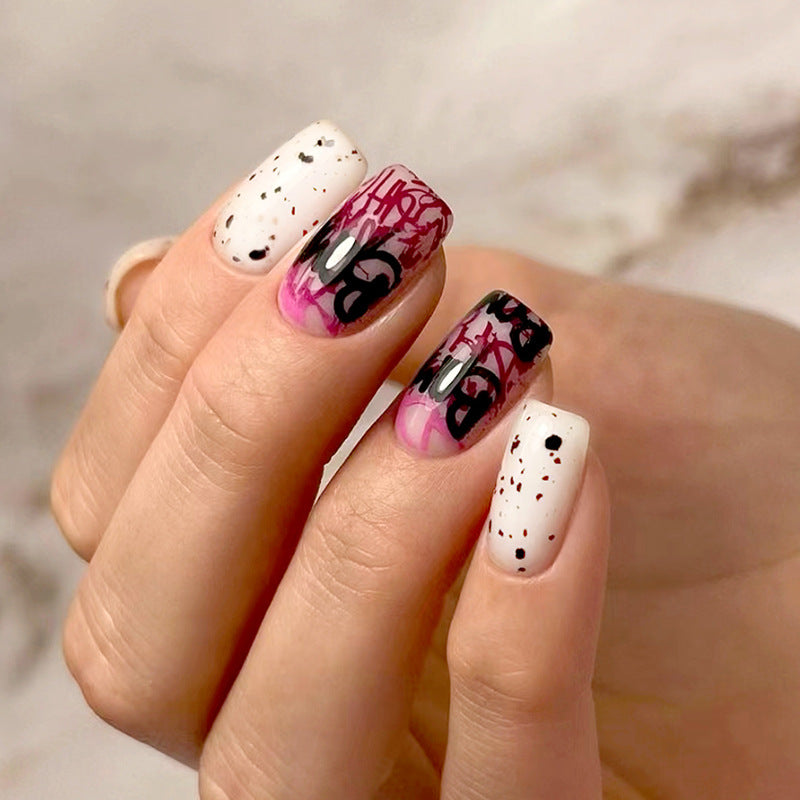 Trendy Nail Art Design Set, Pink and White Gradient with Black Letters, Speckled Pattern, Square Tips, Press on Nails