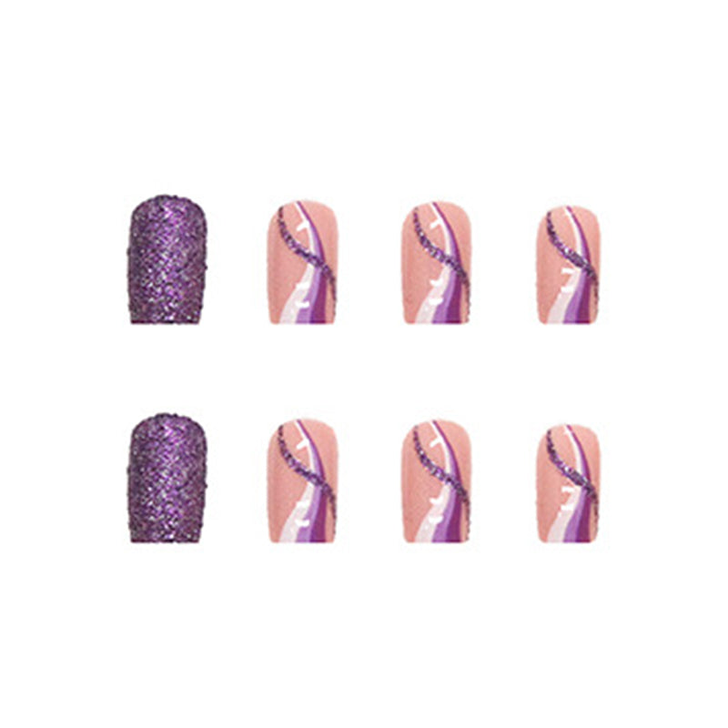 Purple Glitter and French Tips, Mixed Design with White Accents, Press on Nails