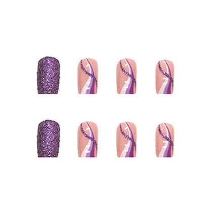 Short Square Press-On Nail Set – Pink French Tips with Purple Glitter Accent & Abstract Nail Art | Glossy Reusable False Nails(Set of 24)