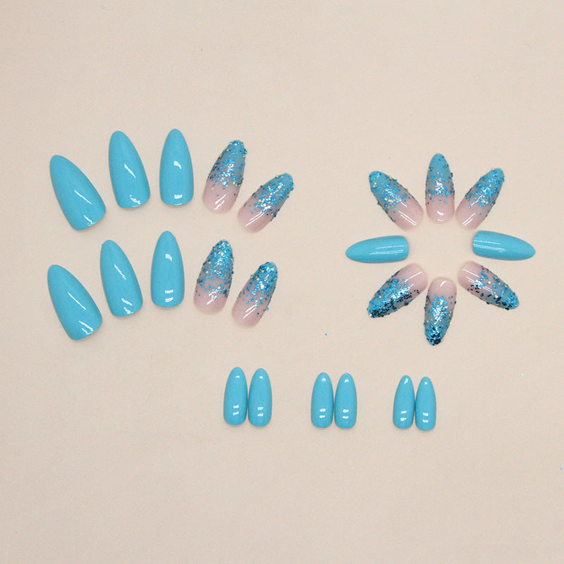 Turquoise Blue Almond Shaped with Glitter Accent, Long Length, Press-On Nails