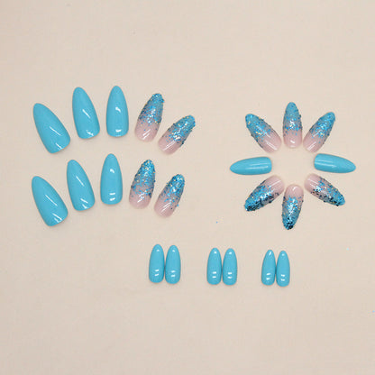 Teal Glitter Almond Press-On Nails – Glossy Turquoise with Iridescent Foil Accent Design (Set of 24)