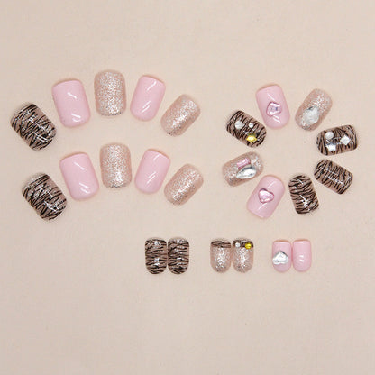 Short Square Press-On Nail Set – Rose Gold Glitter Chrome Foil with Iridescent Crystal Accents | Glossy Reusable False Nails (Set of 12)