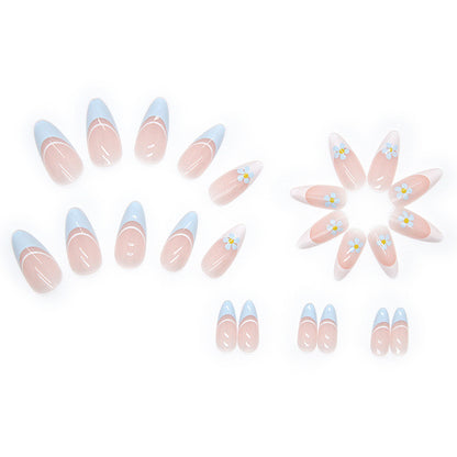 Sky Blue Daisy French Tip Press-On Nails – 24 Piece Glossy Stiletto Nail Set