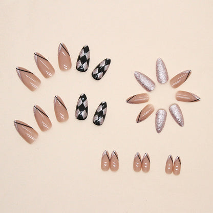 Almond Press-On Nail Set – Pink Nude with Black & Silver Harlequin, Glitter Accent | Glossy Reusable False Nails (Set of 24)