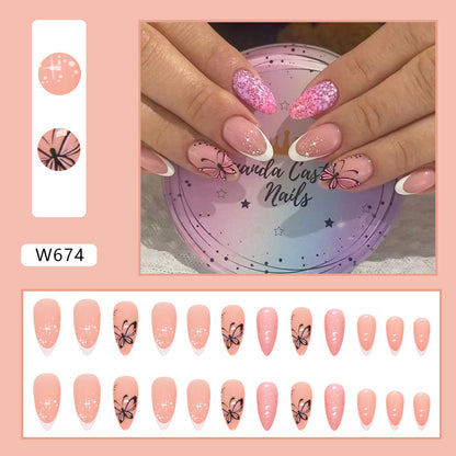 Pink Butterfly French Tip Press-On Nails | 24-Piece Reusable Almond Nail Set | Cute Glossy Fake Nails