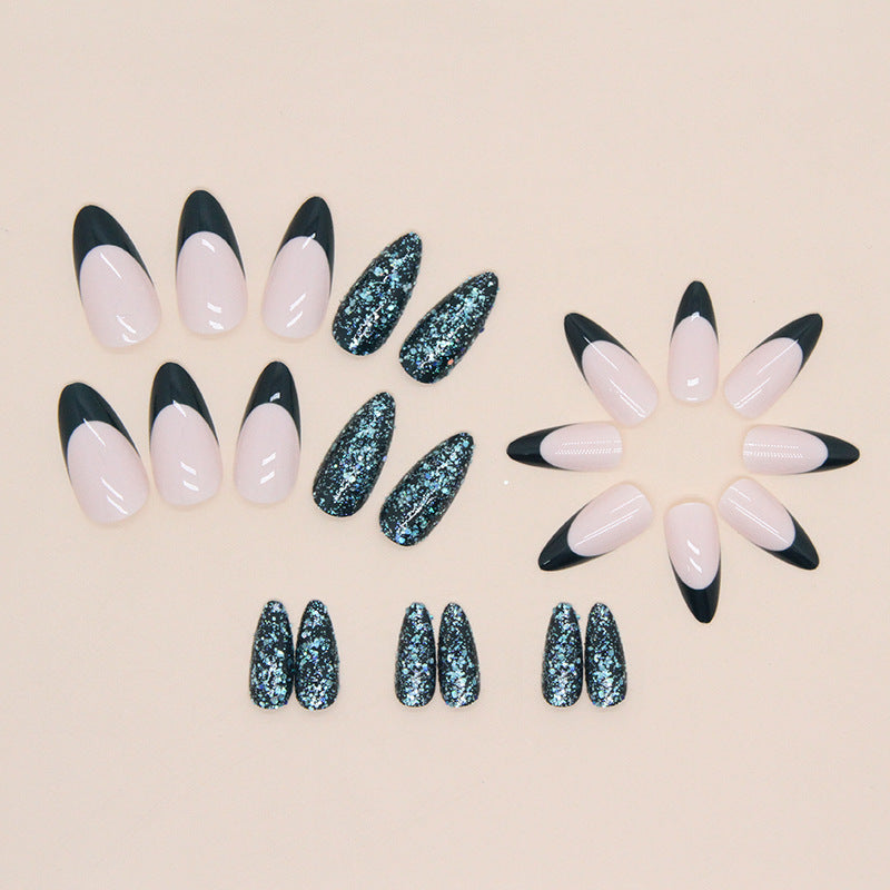 French Tips with Black Tips and Blue Glitter Accent, 24 Pieces, Stiletto Shape, Press on Nails