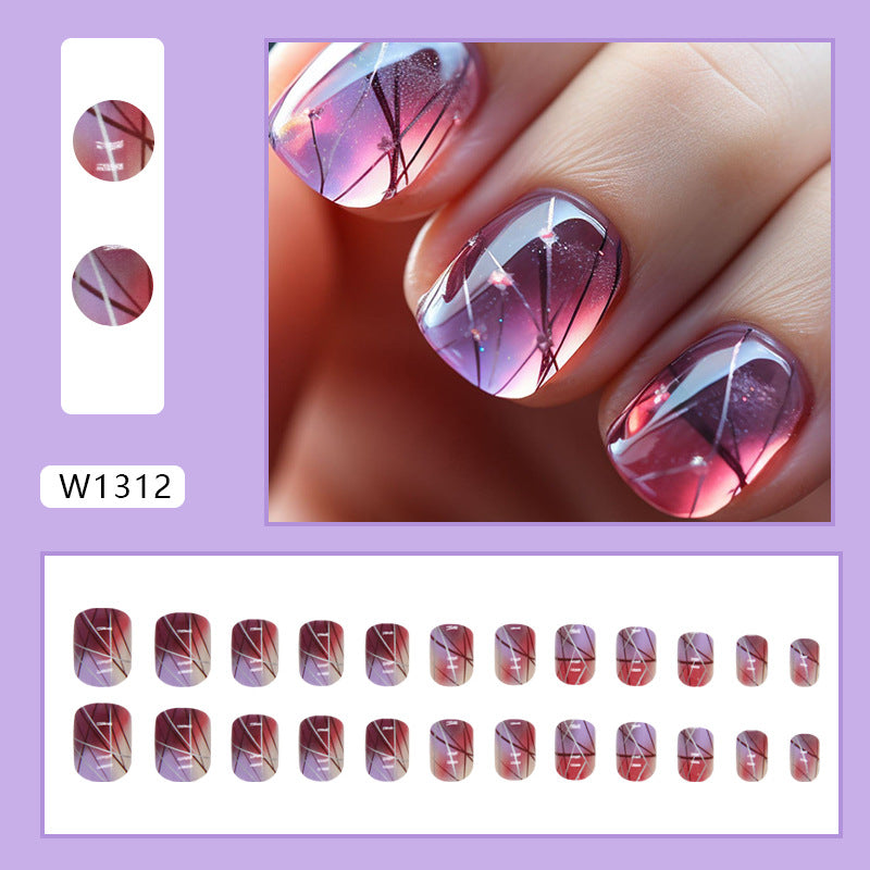 Geometric Nail Art Stickers, Purple Pink Gradient Design, Metallic Lines Pattern, Press on Nails
