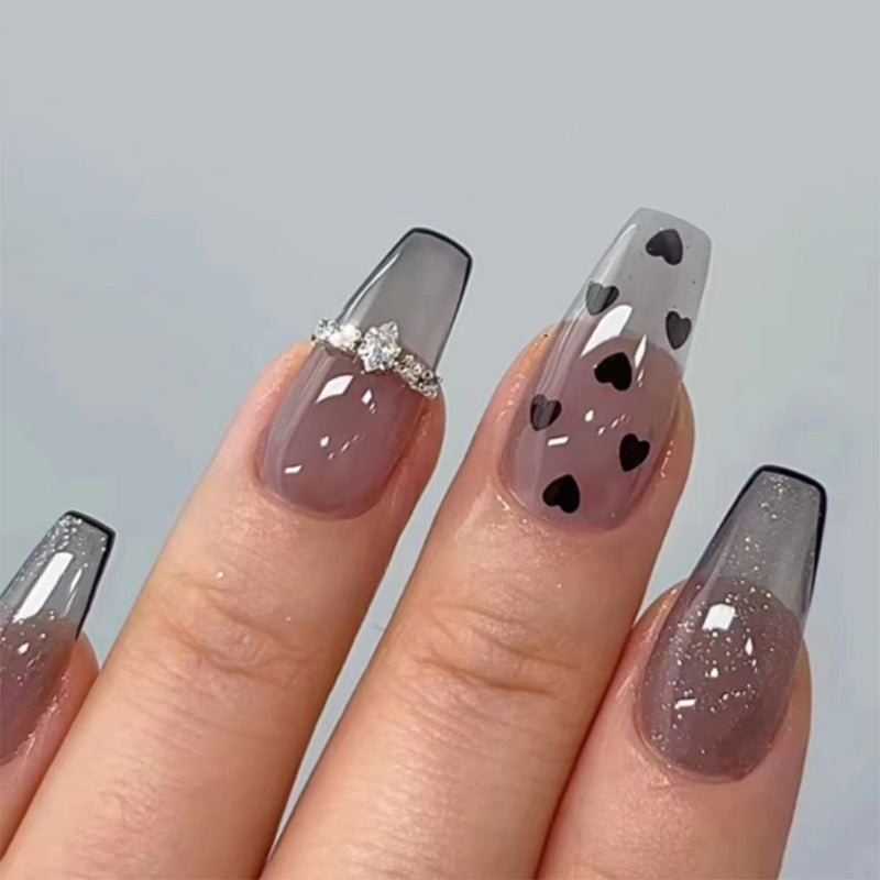 Grey Ombre with Black Hearts Design, Rhinestone Accent, Coffin Shape, Press on Nails