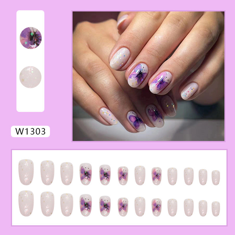 Butterfly Nail Art Design, Purple Watercolor Pattern, White Base with Glitter Accents, Press on Nails